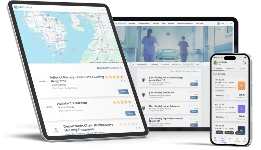 Nurses Lounge employer platform showing job map, nurse pool, and facility branding features