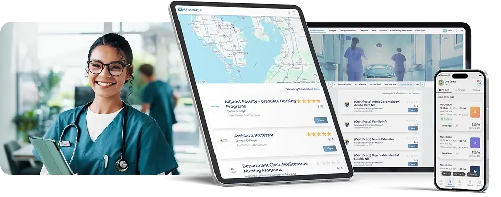Alt Text: A smiling nurse holding a tablet alongside a desktop monitor, tablet, and smartphone displaying the Nurses Lounge professional network, featuring nursing jobs, degree programs, and career management tools.