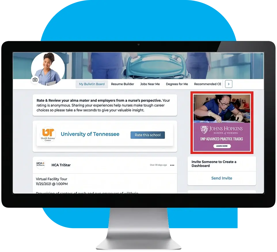 Targeted advertising and sponsored degree placements for nursing school marketing to reach nurses exploring higher education.