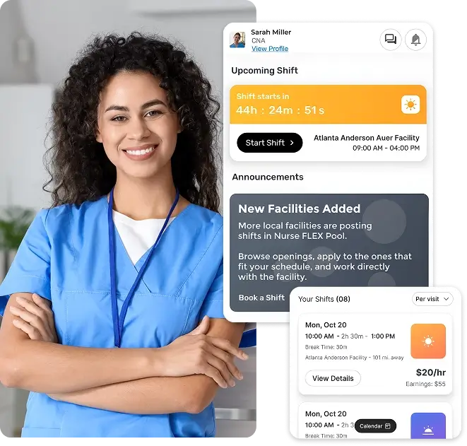 Nurse using Nurse FLEX Pool app to browse local flexible nursing shifts