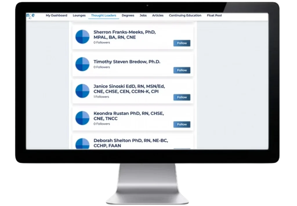 Diverse healthcare professionals using a professional nursing community and professional nurse network.