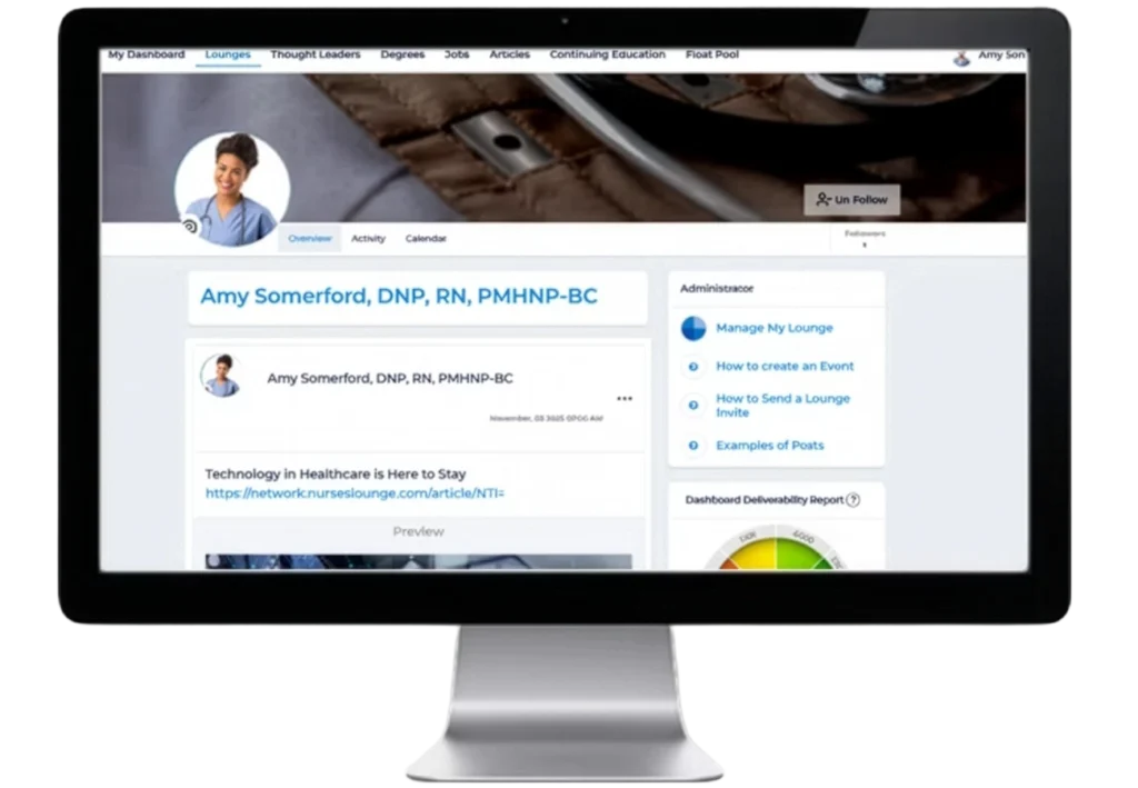 Connecting with nursing peers through a professional nursing community social feed.