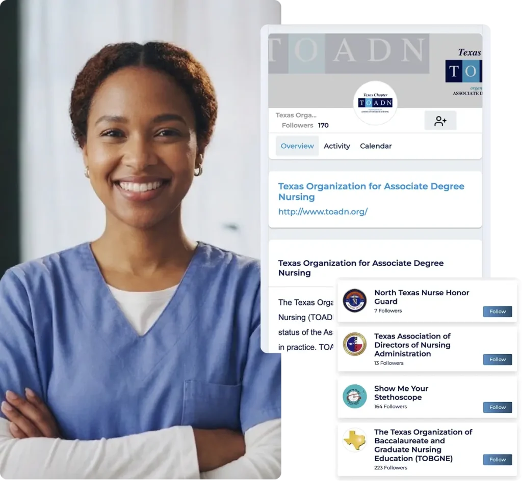A nurse beside an active network profile showing how a nurse association platform connects organizations with healthcare professionals.