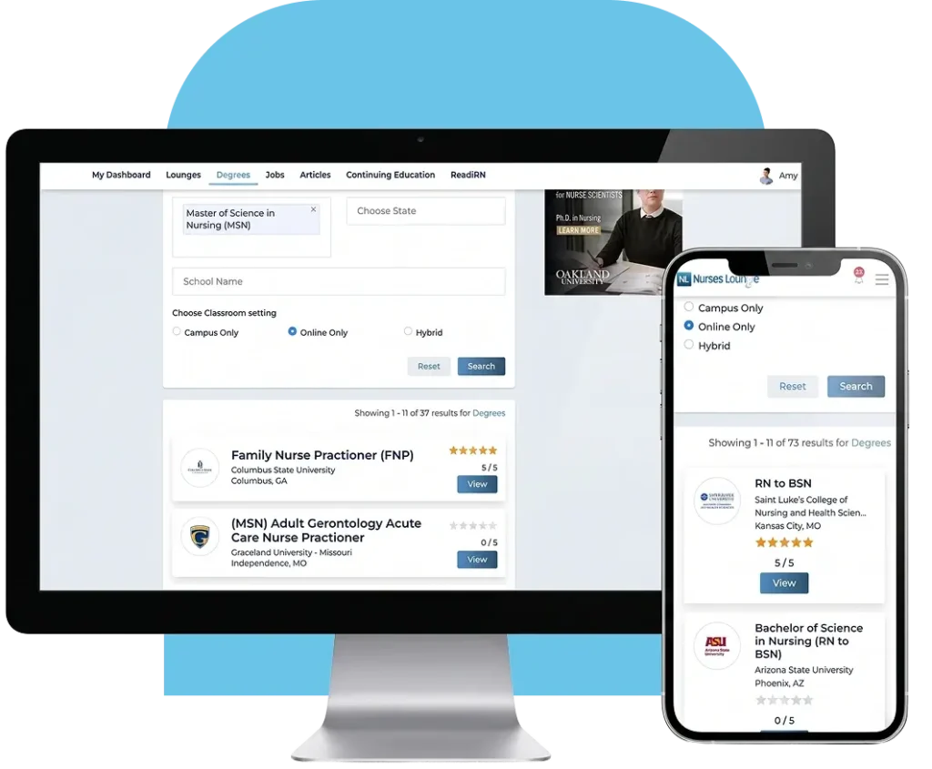 Computer monitor and smartphone displaying online and graduate nursing school partnerships listed in a comprehensive nursing degree directory.