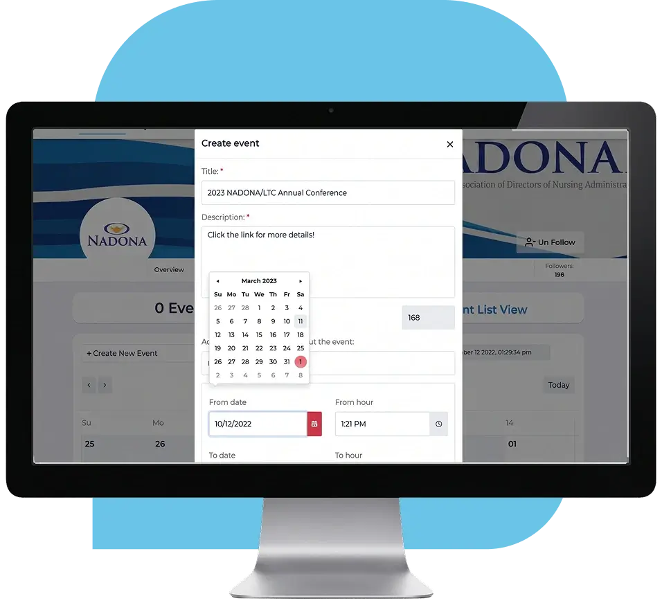 Calendar interface built to help organizations easily promote nursing conferences and local events.