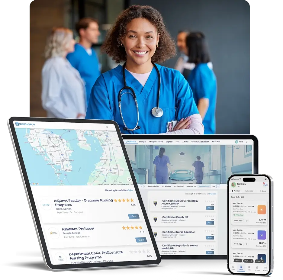 A diverse group of healthcare professionals with a smiling nurse in the foreground, positioned behind a tablet, laptop, and smartphone showcasing the nurse association platform features, including job listings and professional resources to help grow nursing membership.