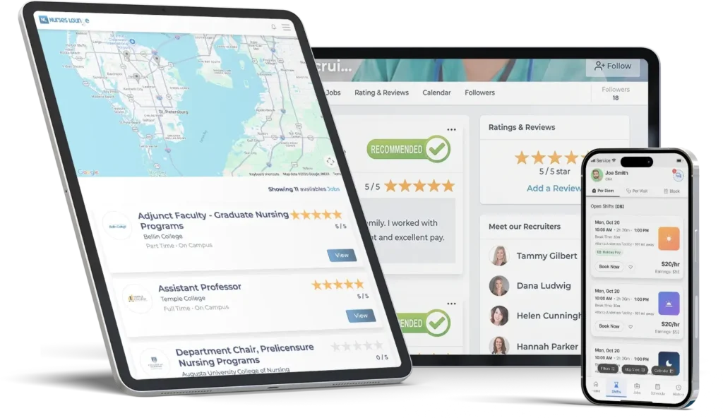 career marketplace for nurses - Nurses Lounge platform showing ratings, reviews, and career marketplace features for nurses