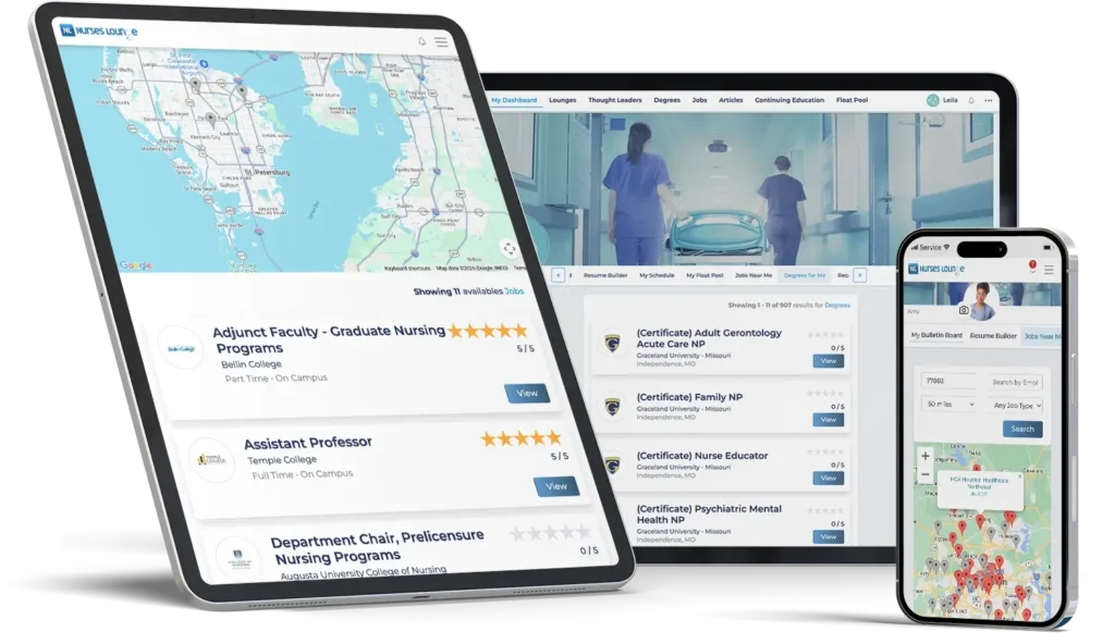 Multiple devices showing how to find your school and claim your page to enhance alumni engagement for nursing schools on a professional network.