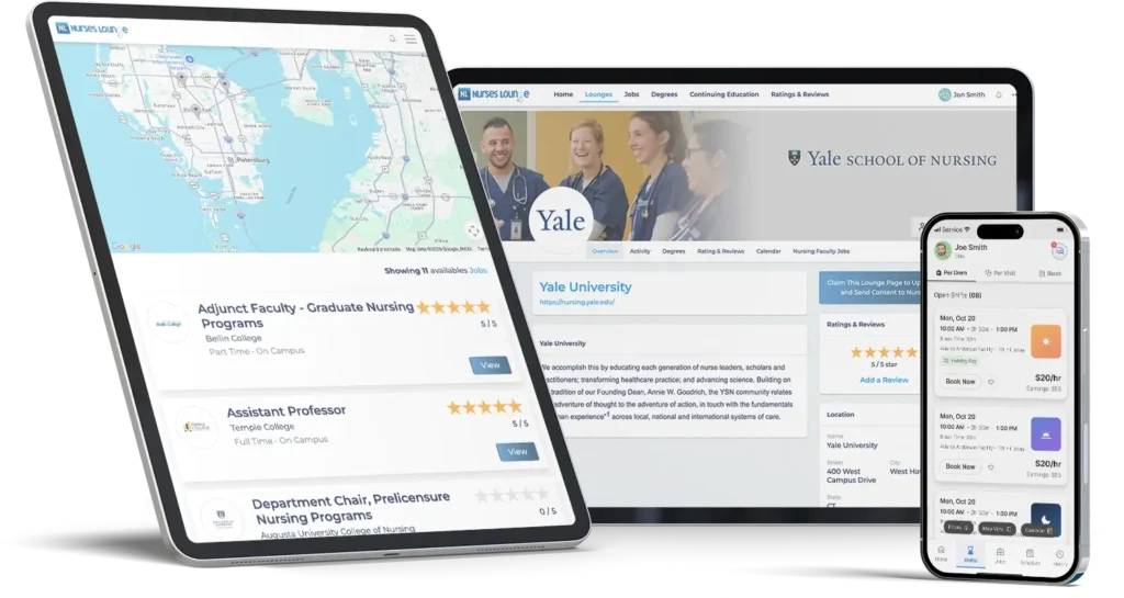 Multiple devices showing how to find your school and claim your page to enhance alumni engagement for nursing schools on a professional network.