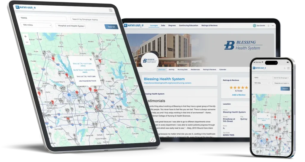 Multiple devices showing how to find your school and claim your page to enhance alumni engagement for nursing schools on a professional network.