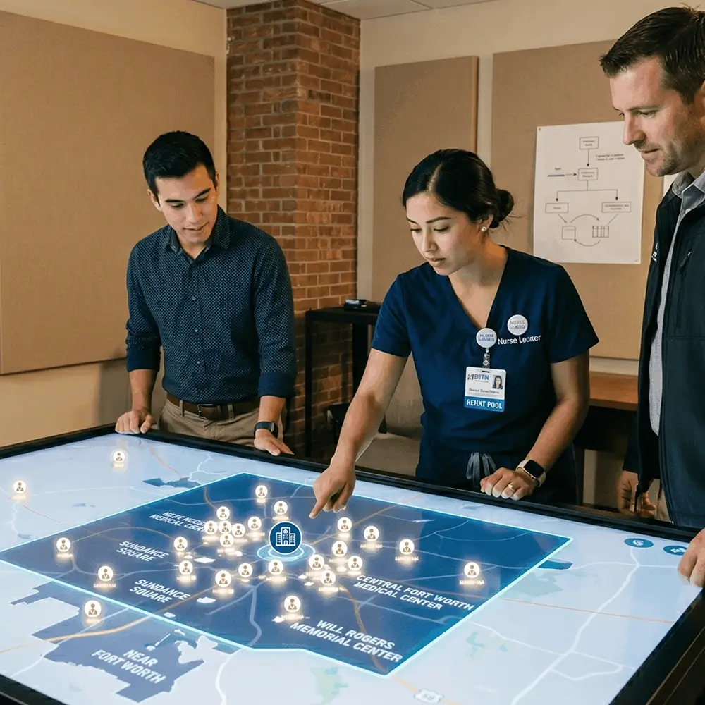 Per Diem Nurse Staffing Fort Worth decision tree comparing agency staffing, internal float pool staffing, and Nurse FLEX Pool for recurring PRN staffing in Fort Worth healthcare facilities and Fort Worth shift coverage