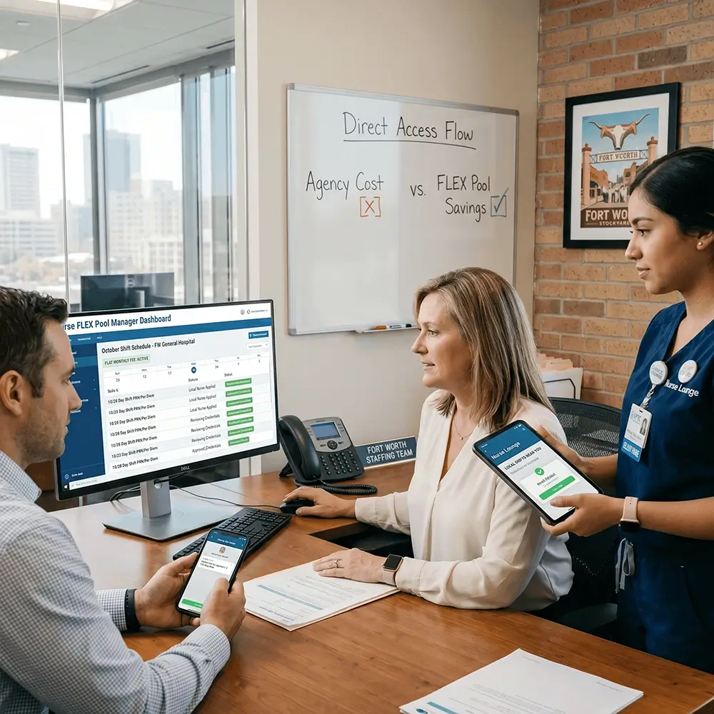 Per Diem Nurse Staffing Fort Worth Nurse FLEX Pool platform and mobile app interface showing how Fort Worth healthcare facilities post per diem and PRN shifts, review local nurses, and manage Fort Worth shift coverage