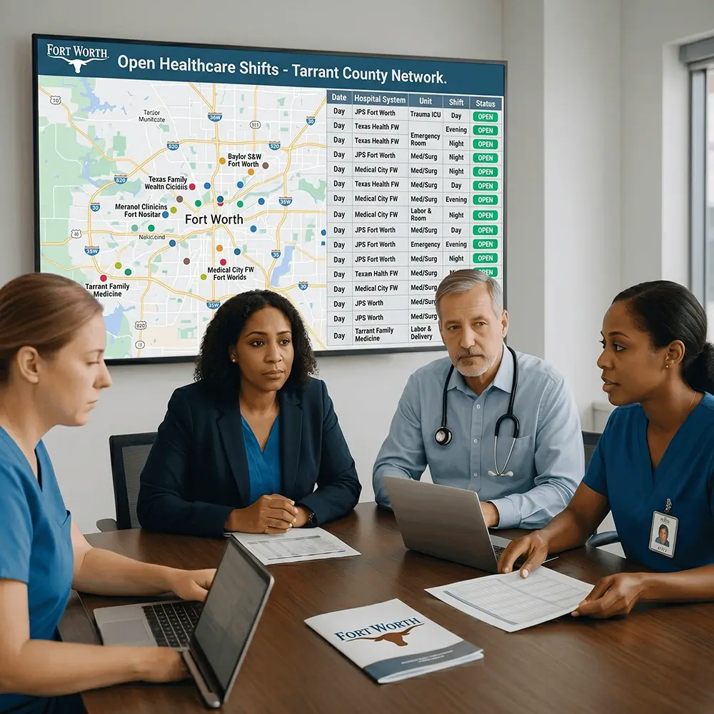 Per Diem Nurse Staffing Fort Worth solution for Fort Worth healthcare facilities using Nurse FLEX Pool to access a local float pool through an on demand staffing platform and mobile app without hourly agency markups