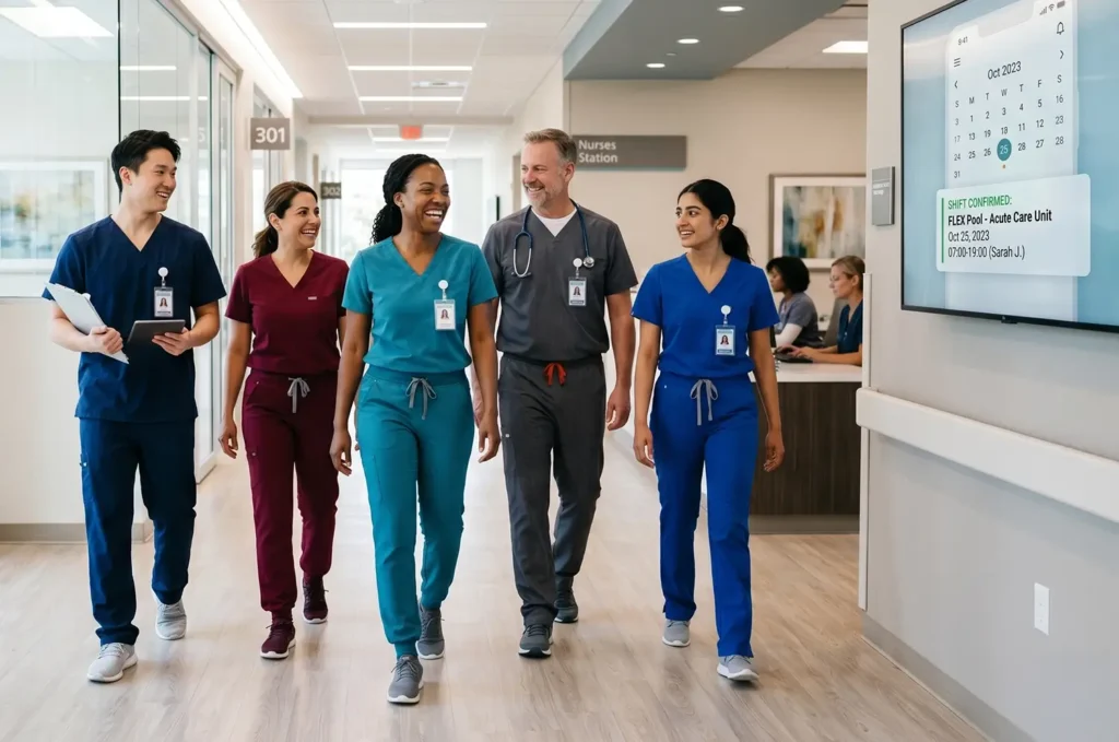 staffing model: A diverse group of local professional nurses in a modern hospital, representing the Nurse FLEX Pool staffing model.
